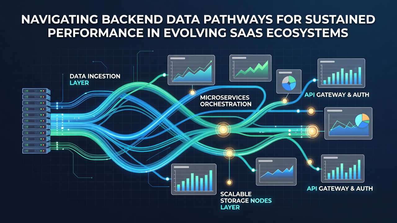 Illustration of SaaS ecosystem scaling with data pathways routed across global data centers and monitoring dashboards